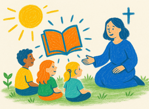 Des enfants d&eacute;couvrent la Parole avec leur animatrice : une Bible, le soleil et une croix.