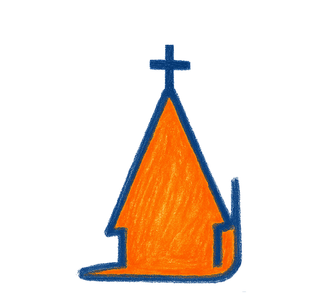Une &eacute;glise dessin&eacute;e aux crayons orange et bleu